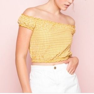 Brandy Melville Yellow Gingham Off Shoulder Top
